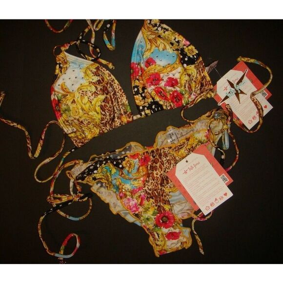 Luli Fama XS,S BIKINI brazilian SUPER SEXY 60's yellow pink POPPY crystallized - Picture 1 of 4